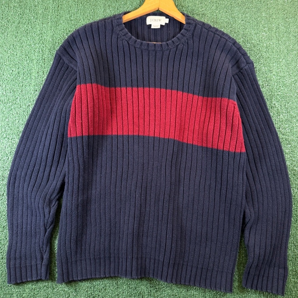 J.Crew Sweater Mens L Navy Red Good Ribbed Knit Cotton Crewneck Stripe